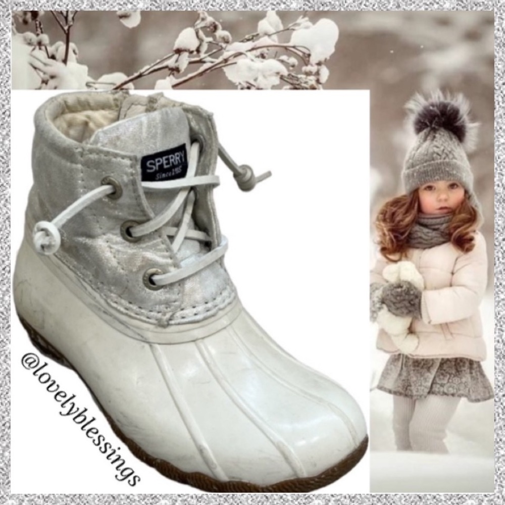 Sperry Saltwater Duck Boots Snow Rain Boots Ivory White Metallic Girls Size 9